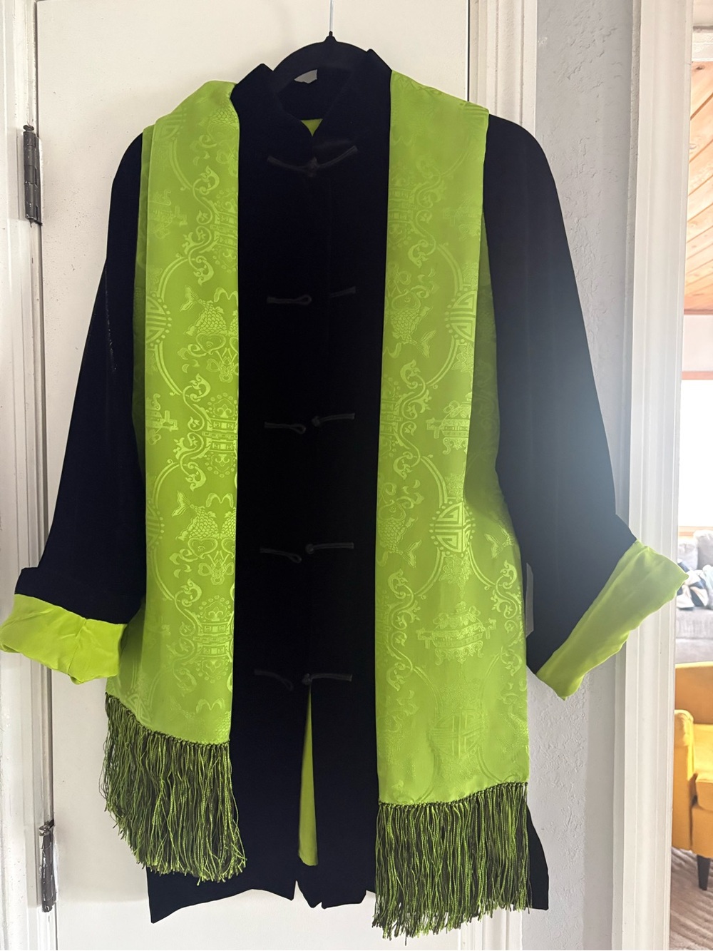 Shanghai Tang Black Mandarin Jacket with Lime Green Fringe Scarf